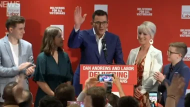 Daniel Andrews appears with his wife and kids following 2018 election victory