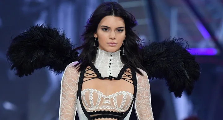 Model in lace lingerie with black feathered wings on a fashion runway.