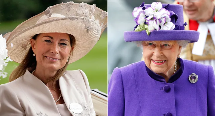 Two women wearing elegant hats; one in beige with a floral design, the other in purple with floral ornaments.