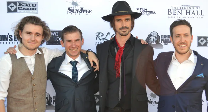 The cast of The Legend of Ben Hall at the film’s world premiere in Forbes, NSW, on Nov. 12 (from left): Callan McAuliffe, Jamie Coffa, Jack Martin, and William Lee.