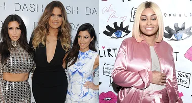 Three women posing together on the left; a woman in a pink outfit on the right, standing in front of a patterned background.