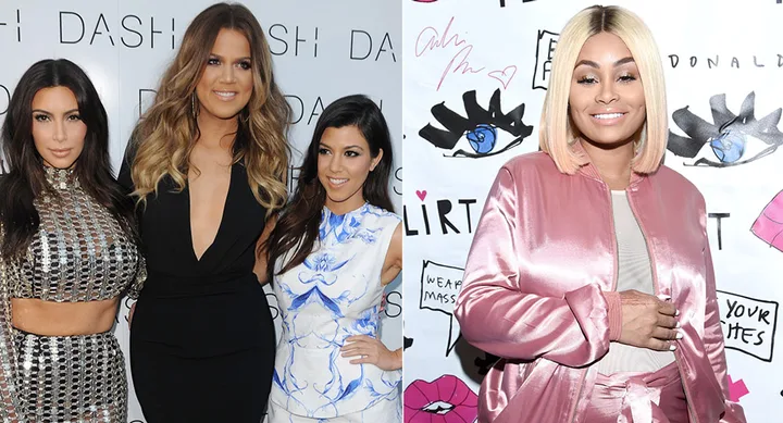 Three women posing together on the left; a woman in a pink outfit on the right, standing in front of a patterned background.