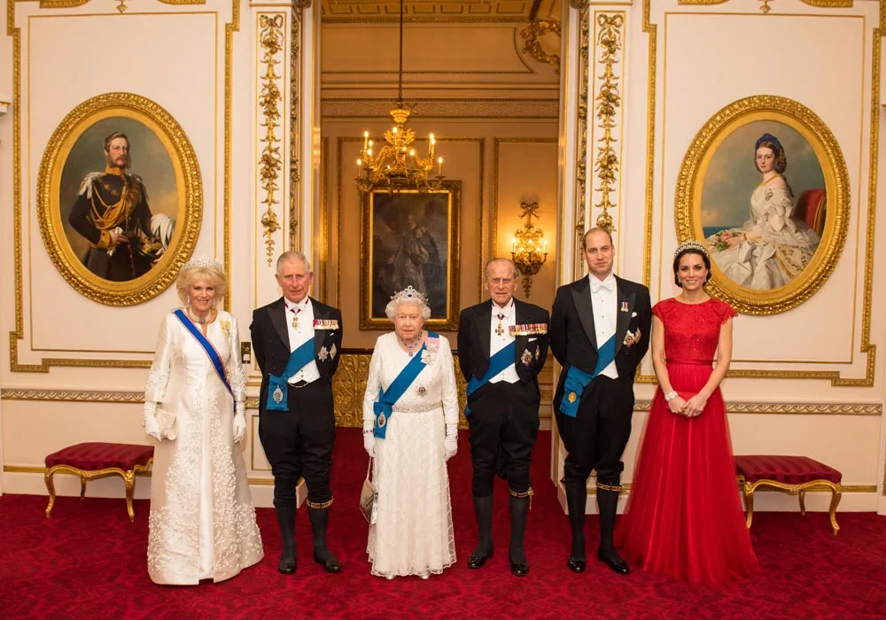 Camilla, Duchess of Cornwall, Prince Charles, Prince of Wales, Queen Elizabeth II, Prince Philip, Duke of Edinburgh, Prince William, Duke of Cambridge and Catherine, Duchess of Cambridge arrive for the annual evening reception for members of the Diplomatic Corps