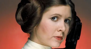 Princess Leia with iconic hairstyle, holding a blaster against a red background.
