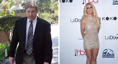 A man in a suit walks outside; a woman in a sparkly dress poses on a red carpet.