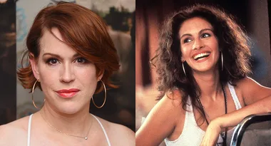Two women side by side; left with short red hair, right with long curly hair, both wearing hoop earrings.