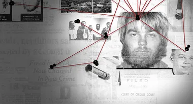 "Collage with red strings connecting mugshots and evidence photos, resembling a crime investigation board."