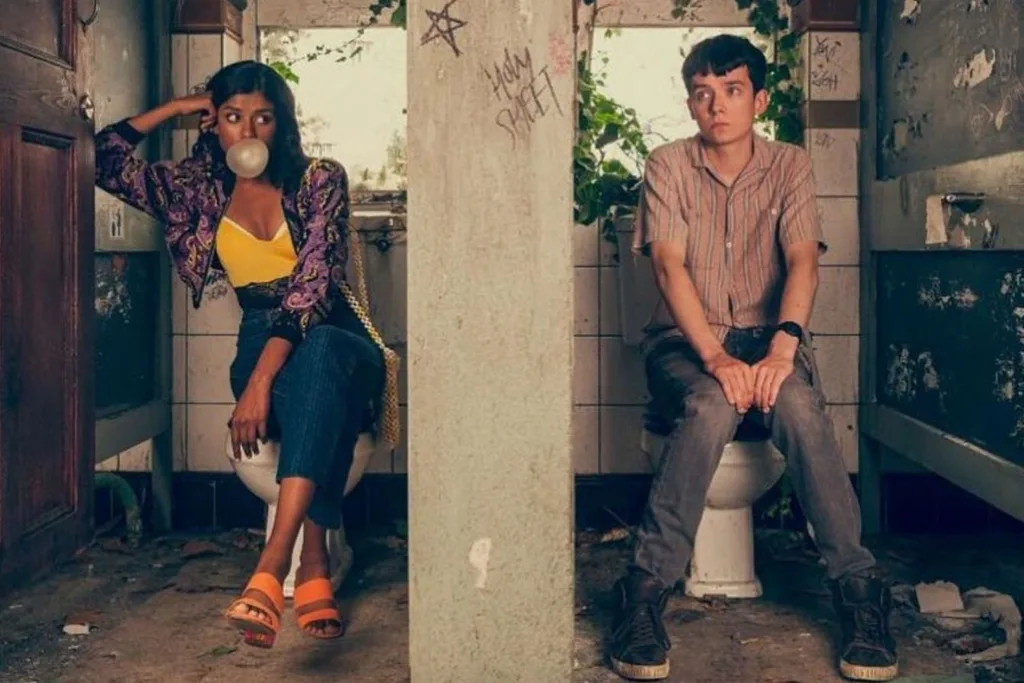Simone Ashley with Asa Butterfield in Sex Education.