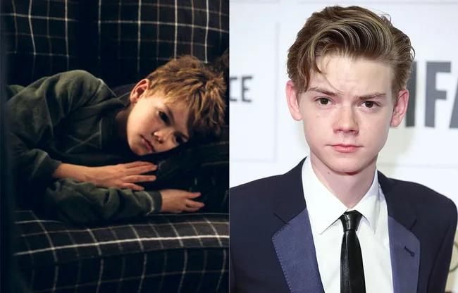 Side-by-side image of the same person as a child lying on a couch and as an adult in a suit at an event.