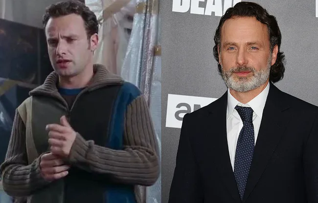 ```plaintext
Two images: actor in casual sweater; actor in suit at AMC event, side by side.
```