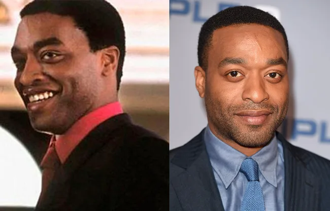 Two images side by side of a man smiling: one in a black suit and red shirt, the other in a blue suit and tie.
