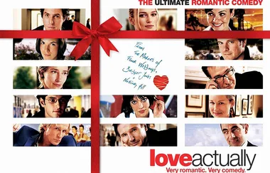 Poster for "Love Actually" showing a collage of characters with a red ribbon design and the tagline "The Ultimate Romantic Comedy."