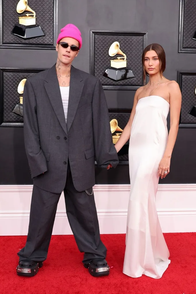 Justin Bieber and Hailey Bieber attend the 2022 Grammy Awards.