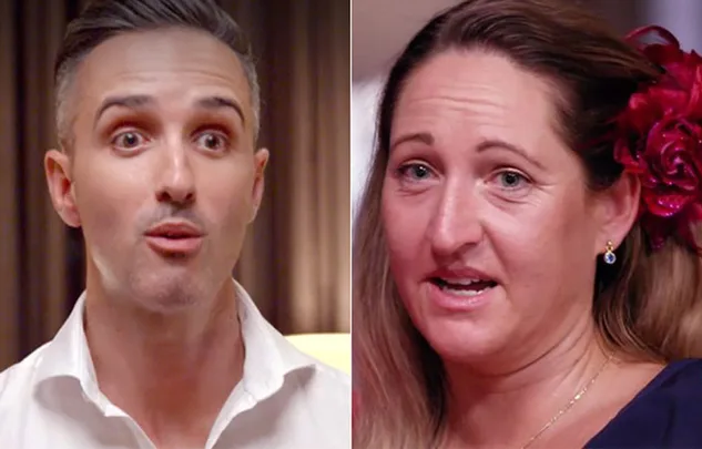 Two people from "Married at First Sight Australia" are seen in close-up expressions against a blurred background.