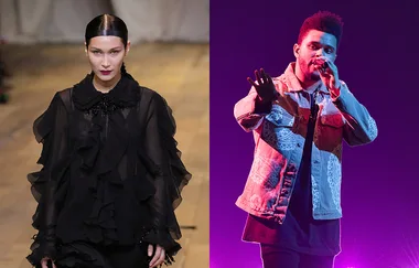 Stylish model in black on runway and singer performing in denim jacket on stage with microphone.