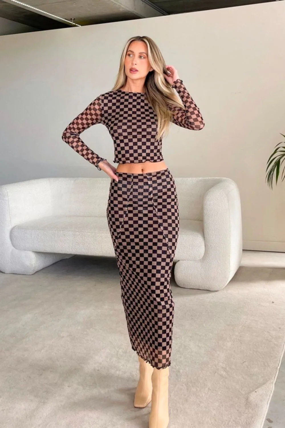 brown-checkered-midi-skirt