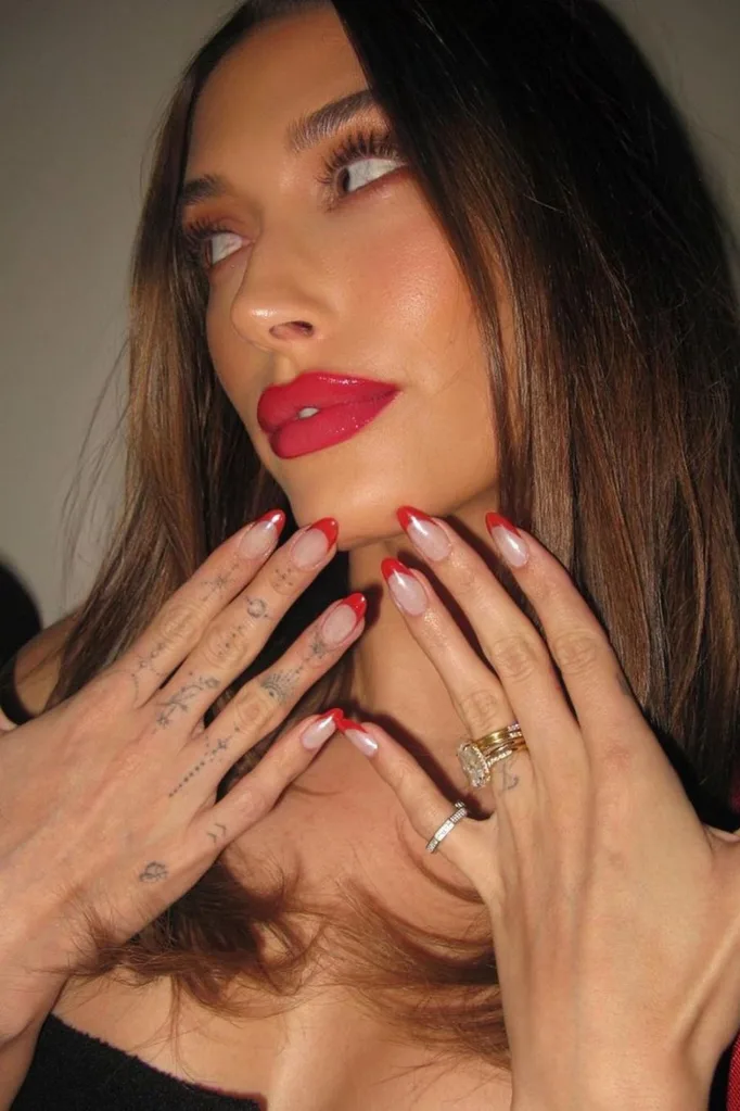 hailey-bieber-christmas-nails-lipstick