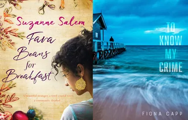 Two book covers: "Fava Beans for Breakfast" by Suzanne Salem and "To Know My Crime" by Fiona Capp.