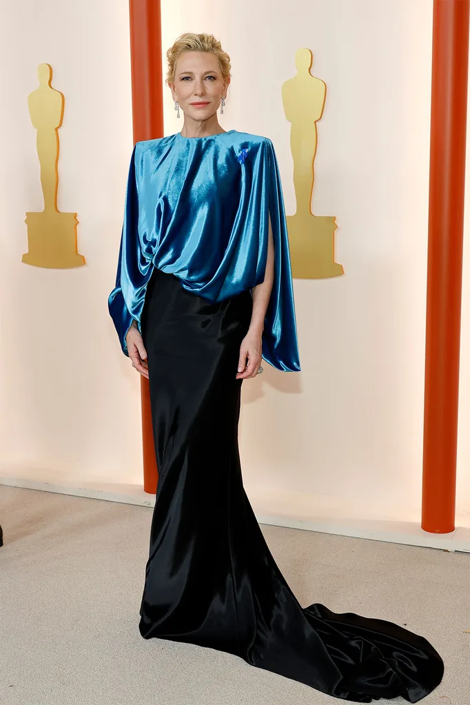 Cate-Blanchett-on-red-carpet-at-95th-Academy-Awards-in-blue-velvet-and-black-silk-Louis-Vuitton-gown
