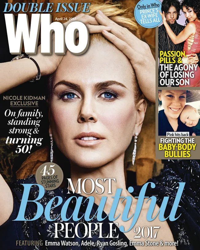 Cover of Who Magazine, April 24, 2017, featuring Nicole Kidman with headline "Most Beautiful People 2017."