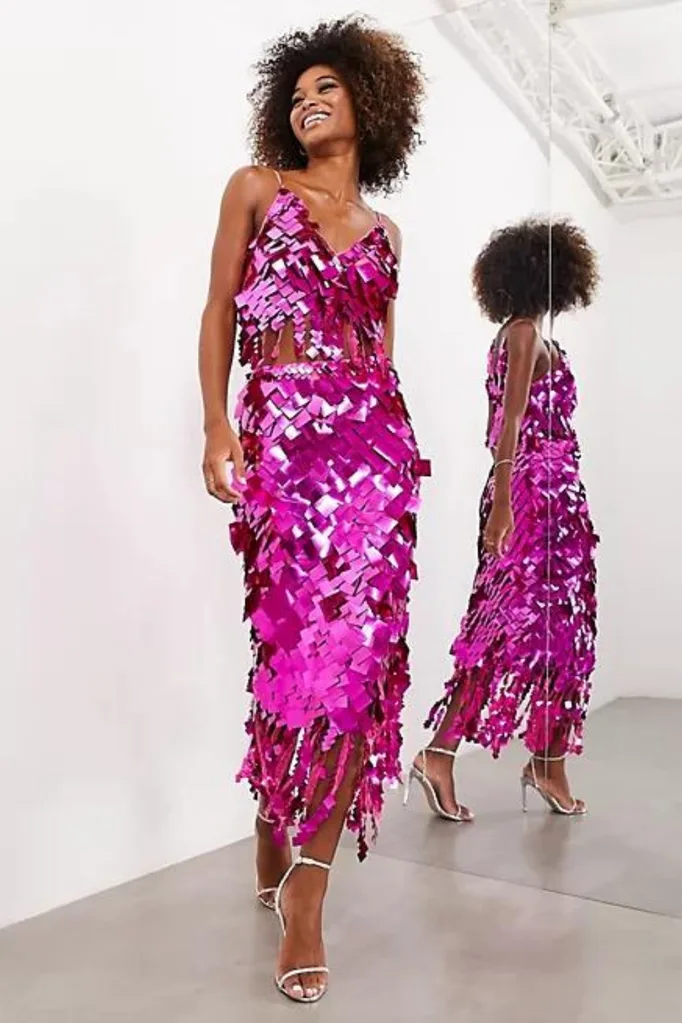square sequin pink maxi skirt