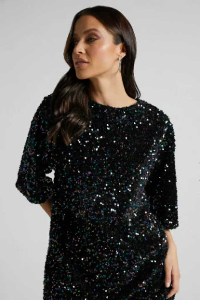 black and blue sequin tshirt dress
