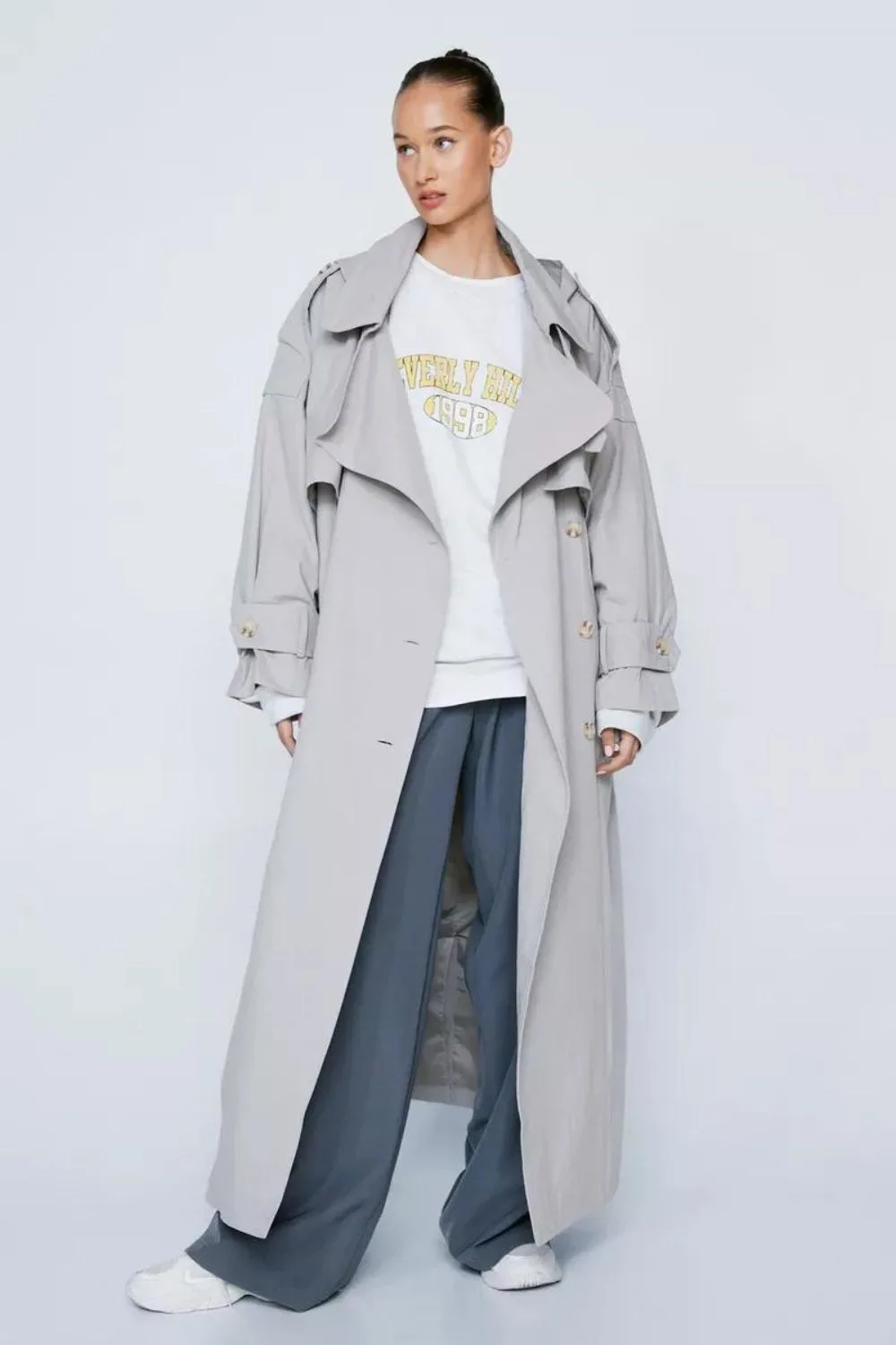 grey hooded trench coat