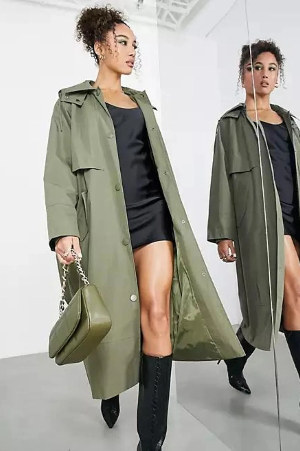 khaki hooded trench coat