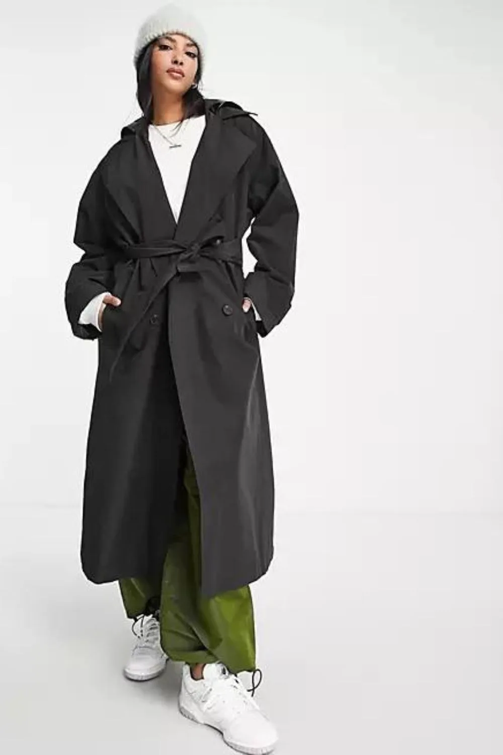 black hooded trench coat