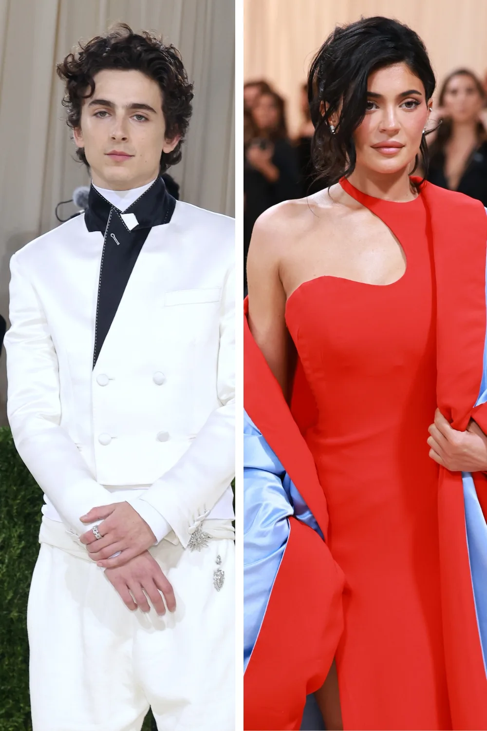 A side-by-side photo of Timothee Chalamet and Kylie Jenner at the Met Gala red carpet. 