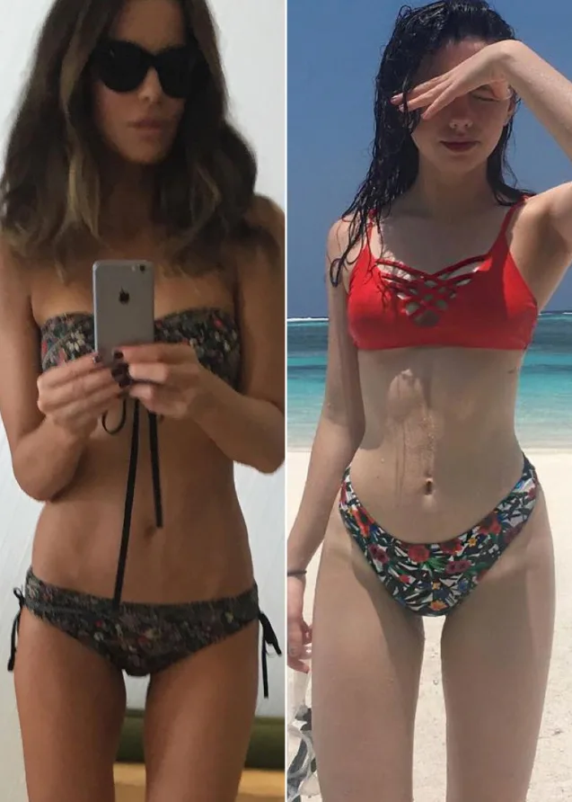 Two women in bikinis; one taking a selfie indoors, the other on a beach shielding her eyes from the sun.