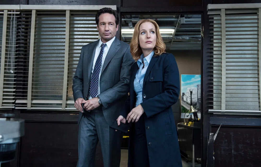 Two people in formal attire stand in an office setting, gazing intently ahead.