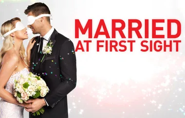 Couple in wedding attire wearing blindfolds, holding flowers, with "Married at First Sight" text on the right.