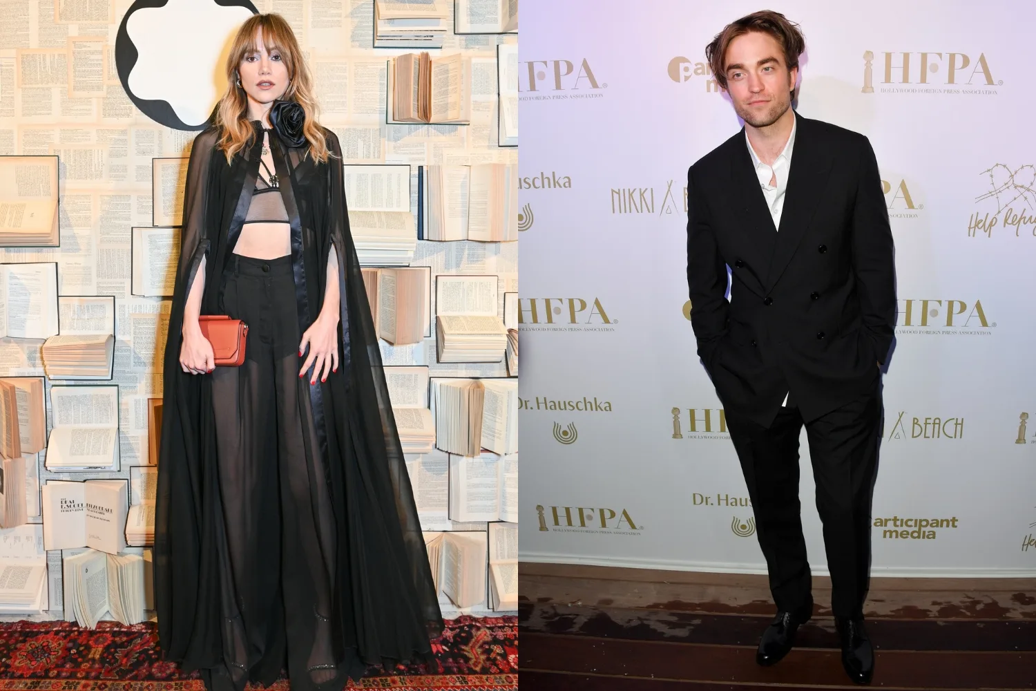 A side-by-side photo of Suki Waterhouse and Robert Pattinson. 