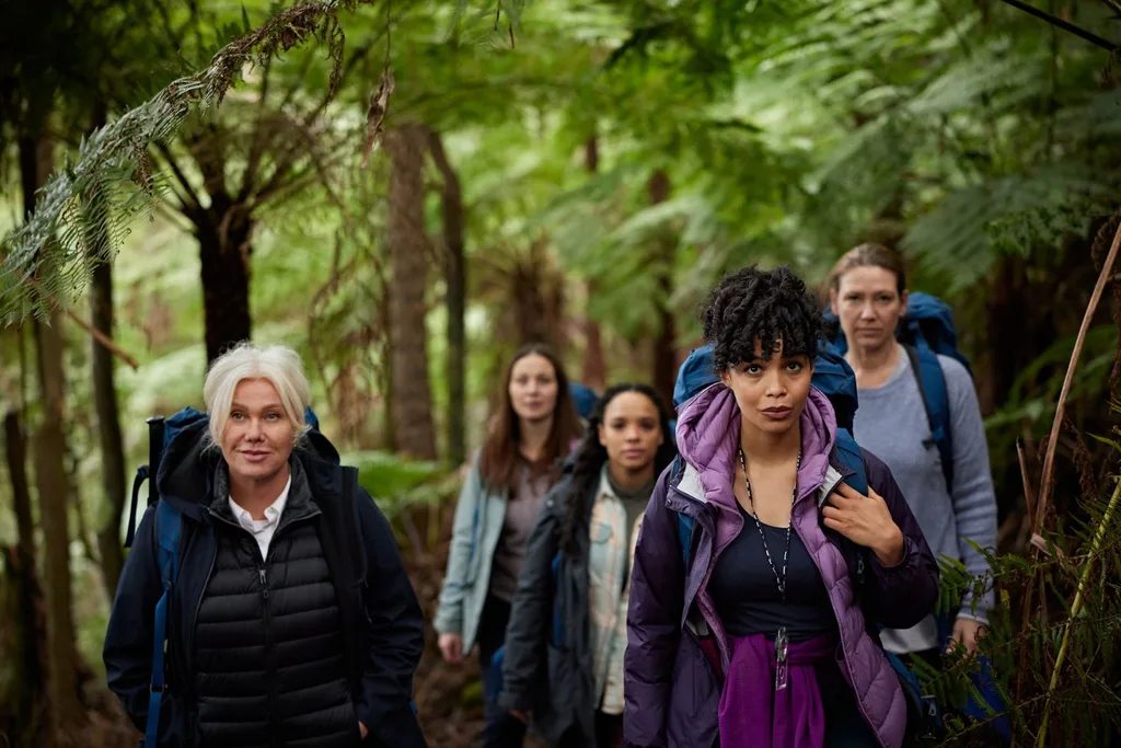 Furness is one of five women lost in the bush in a still from Force of Nature: The Dry 2and co-stars in a still from the