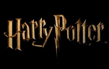 Harry Potter logo in gold with a stylized lightning bolt design, set against a black background.
