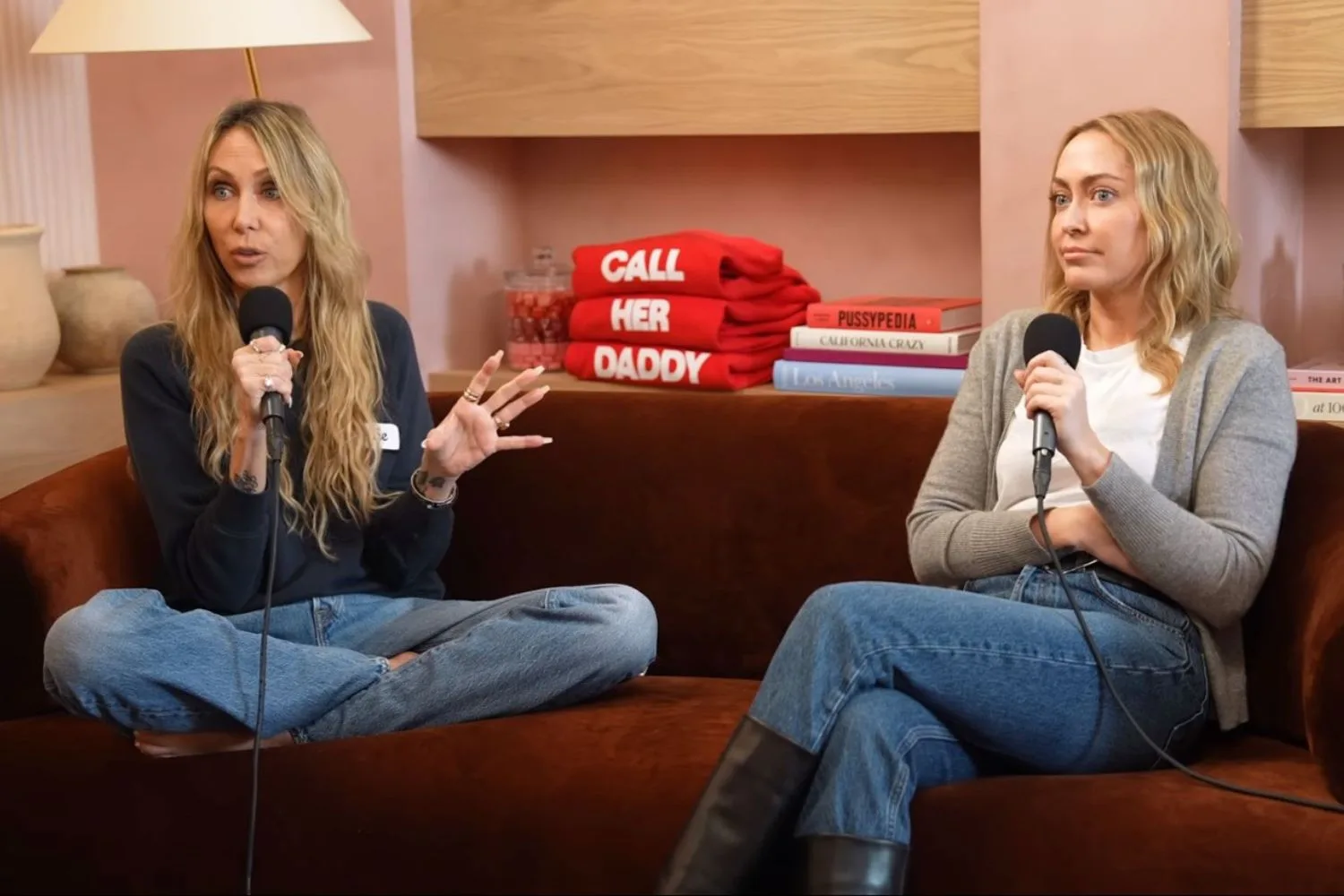 Tish and Brandi Cyrus recording a podcast