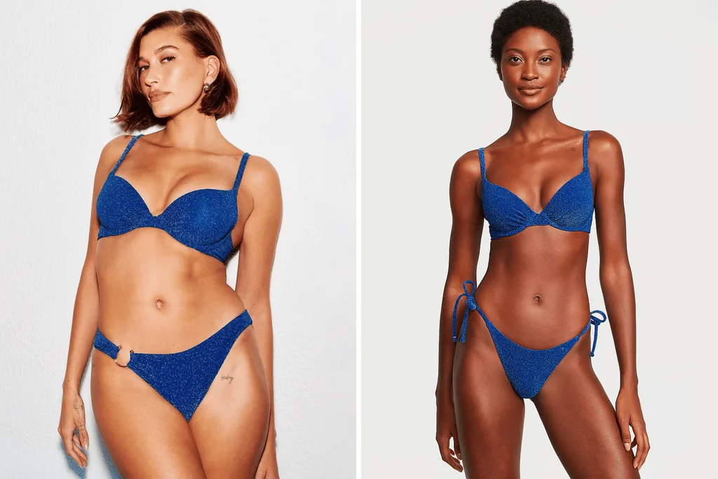 Hailey Bieber wearing blue shimmer bikini from Victoria's Secret