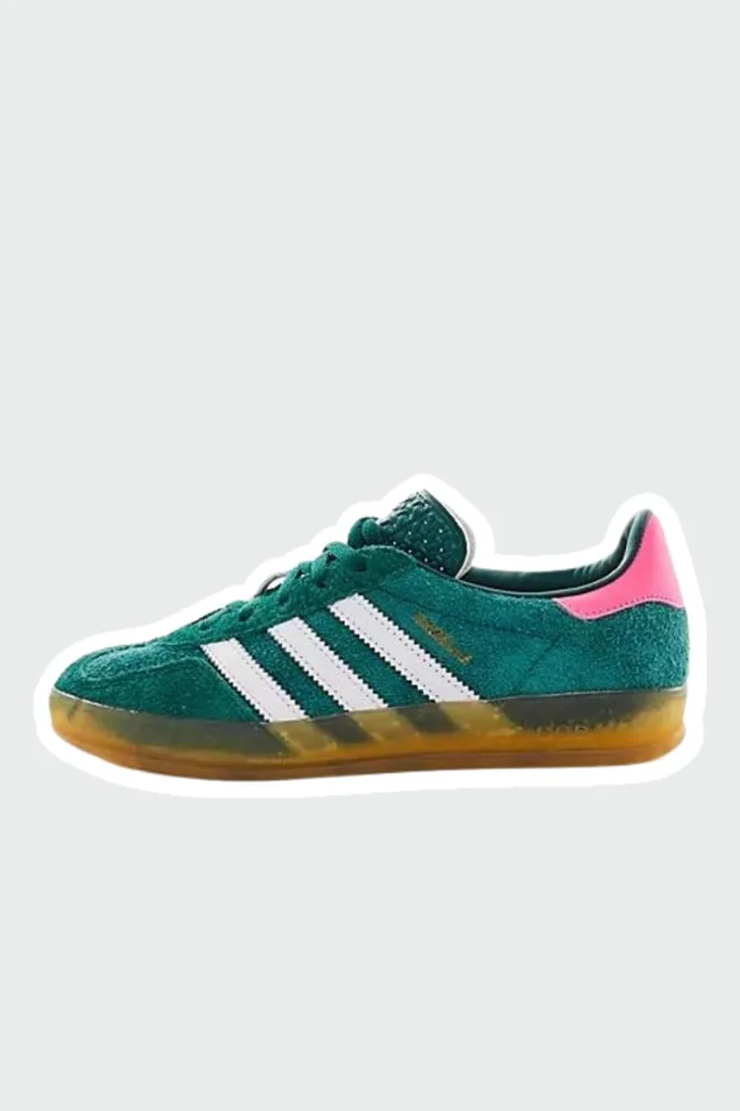 green and pink adidas gazelles