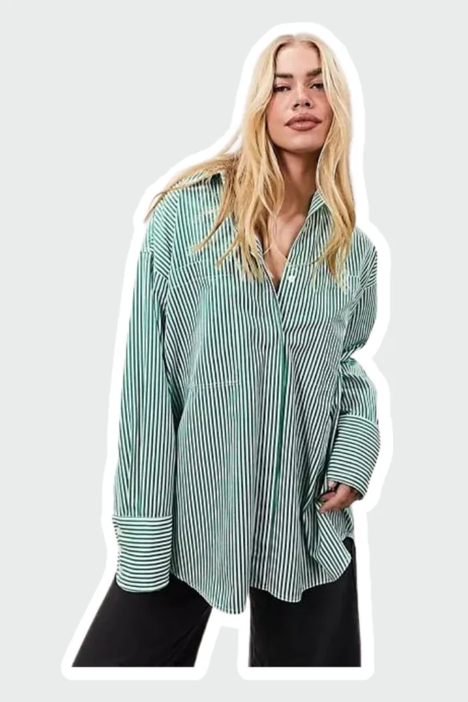 green and white striped shirt.