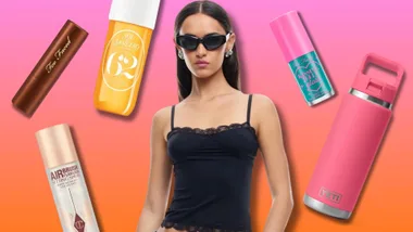 Girl posing in sunglasses and a black camisol amongst several cult makeup and lifestyle products like the Yeti Waterbottle and Too Faced contour stick