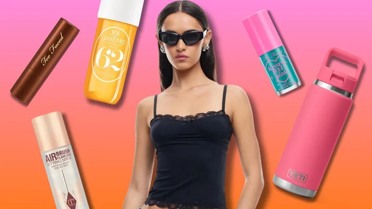 Girl posing in sunglasses and a black camisol amongst several cult makeup and lifestyle products like the Yeti Waterbottle and Too Faced contour stick