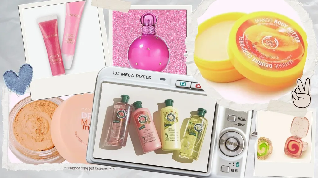 A Collage of nostalgic 90s and early 2000s beauty products including Britney Spears Fantasy Fragrance