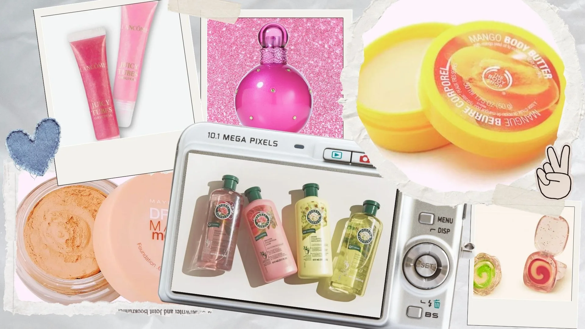 A Collage of nostalgic 90s and early 2000s beauty products including Britney Spears Fantasy Fragrance