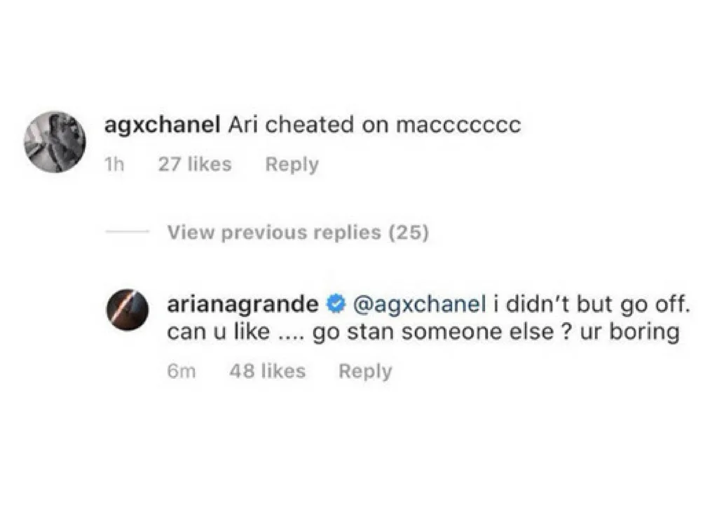 Ariana hit back at the fan