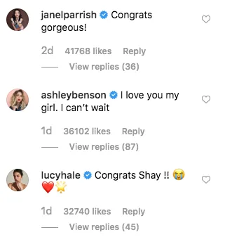 Former PLL co-stars wish Shay Mitchell their congratulations