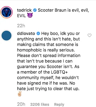 Demi comments on Todrick's post slamming Scooter