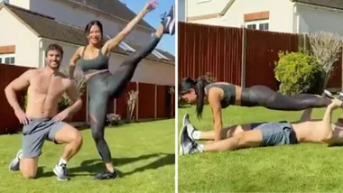 Nicole Scherzinger and beau Thom Evans endure workout in lockdown