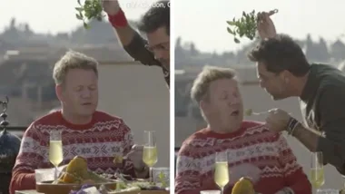‘What the!’: Gino D’Acampo surprises Gordon Ramsay with kiss under the mistletoe