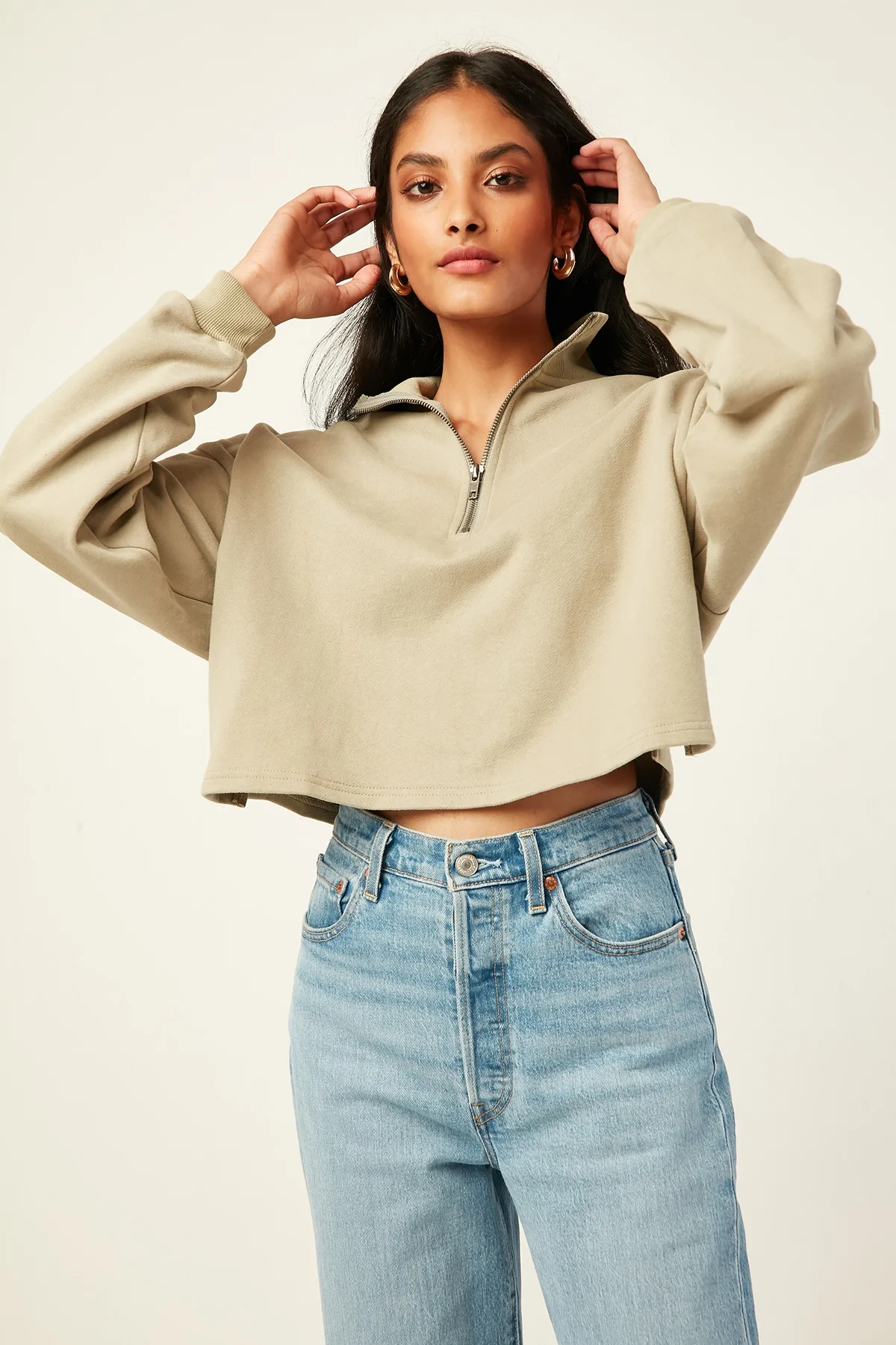 LUCK & TROUBLE ZIPPED CROPPED CREW SAGE